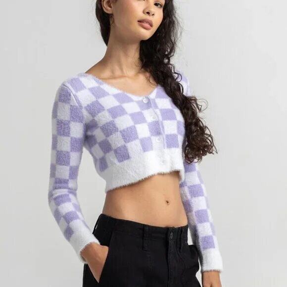 Timing Checkered Fuzzy Crop Cardigan Size M Lavender Long Sleeve Nylon Sweater - Picture 1 of 6